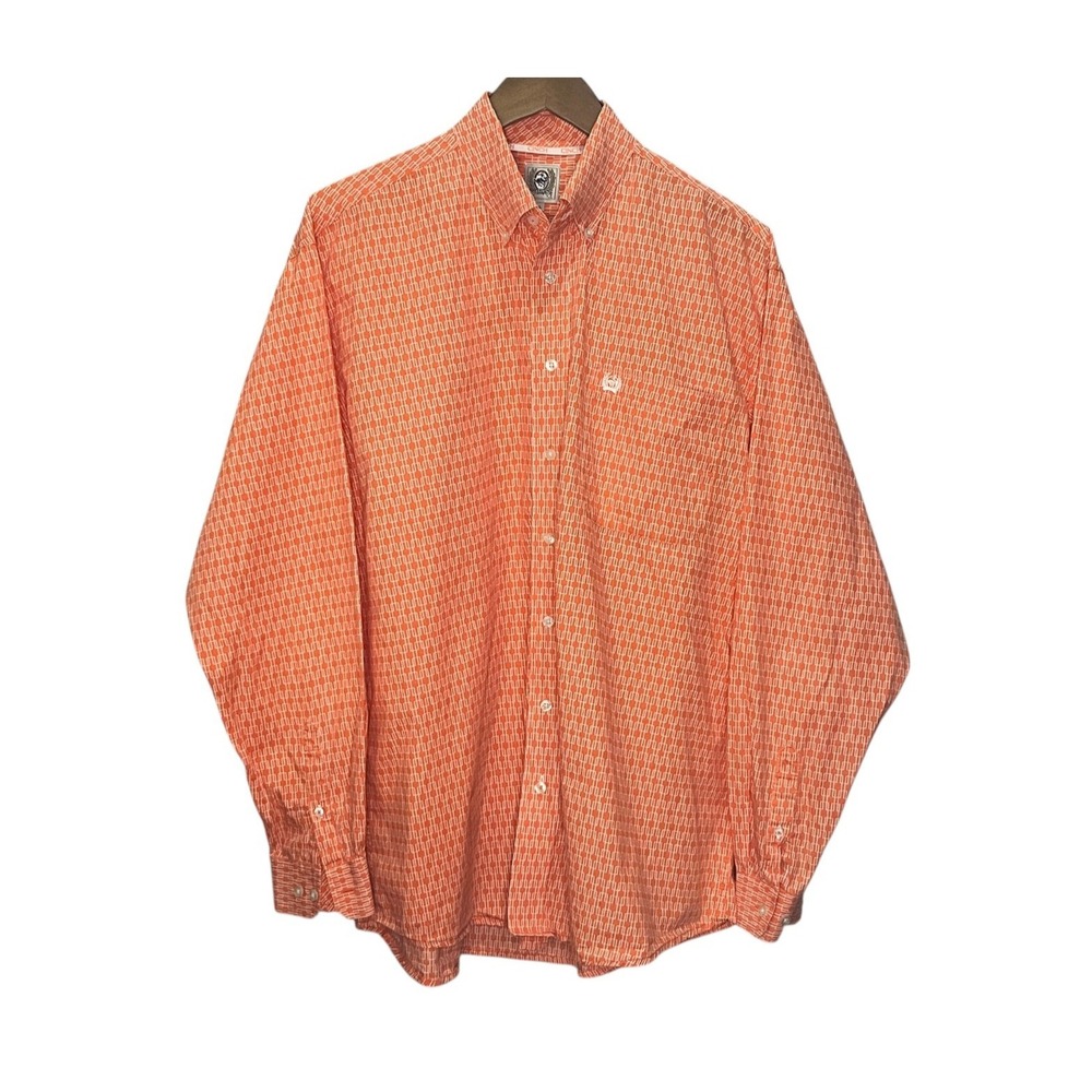 Cinch Mens Button Down Long Sleeve Orange Geometric Western 100% Cotton Large